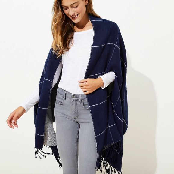 LOFT Jackets & Blazers - NWT. Loft Reversible Windowpane Cape Navy Blue.